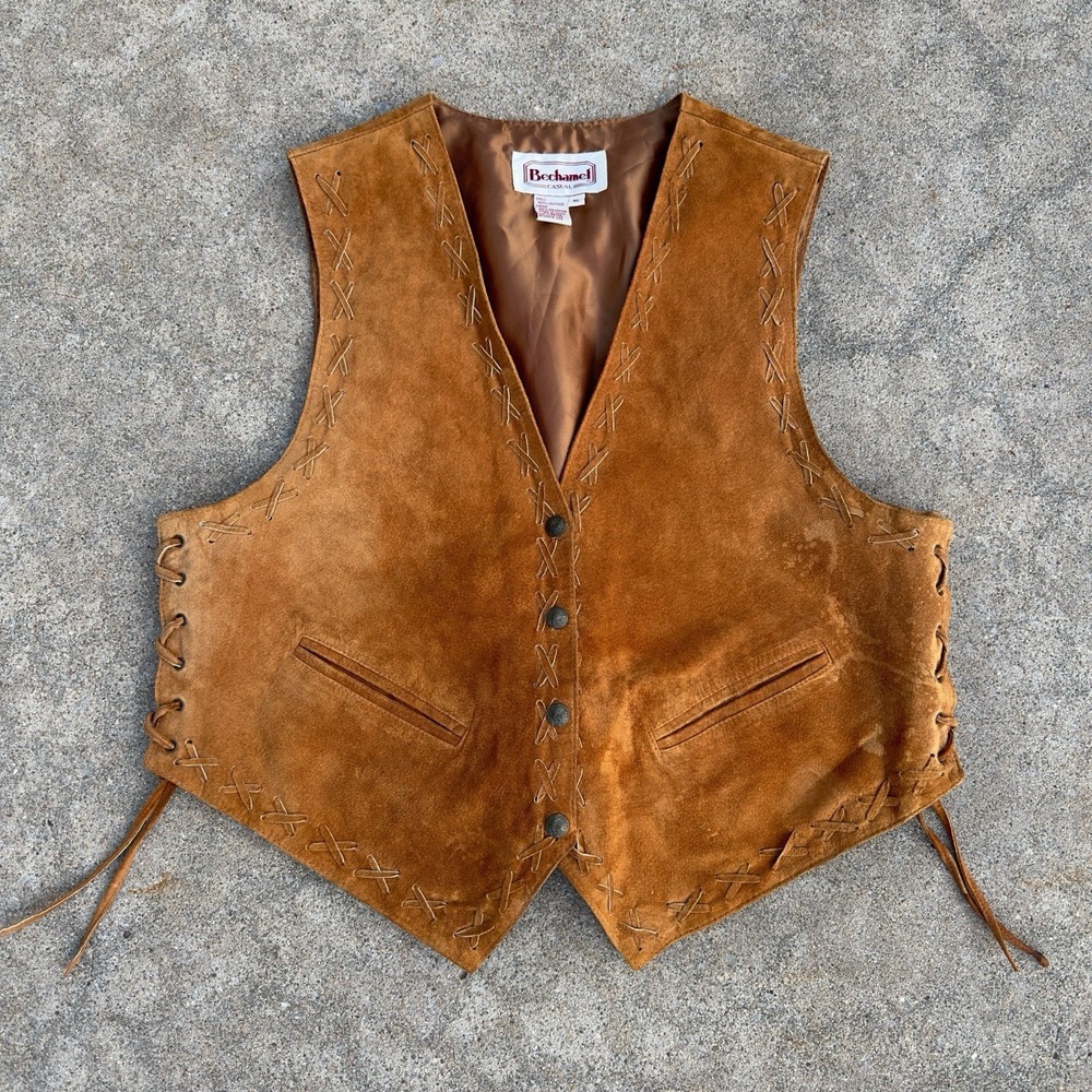 VTG Bechamel Suede Leather Snap Vest Native Lace w Front Pockets Size XL